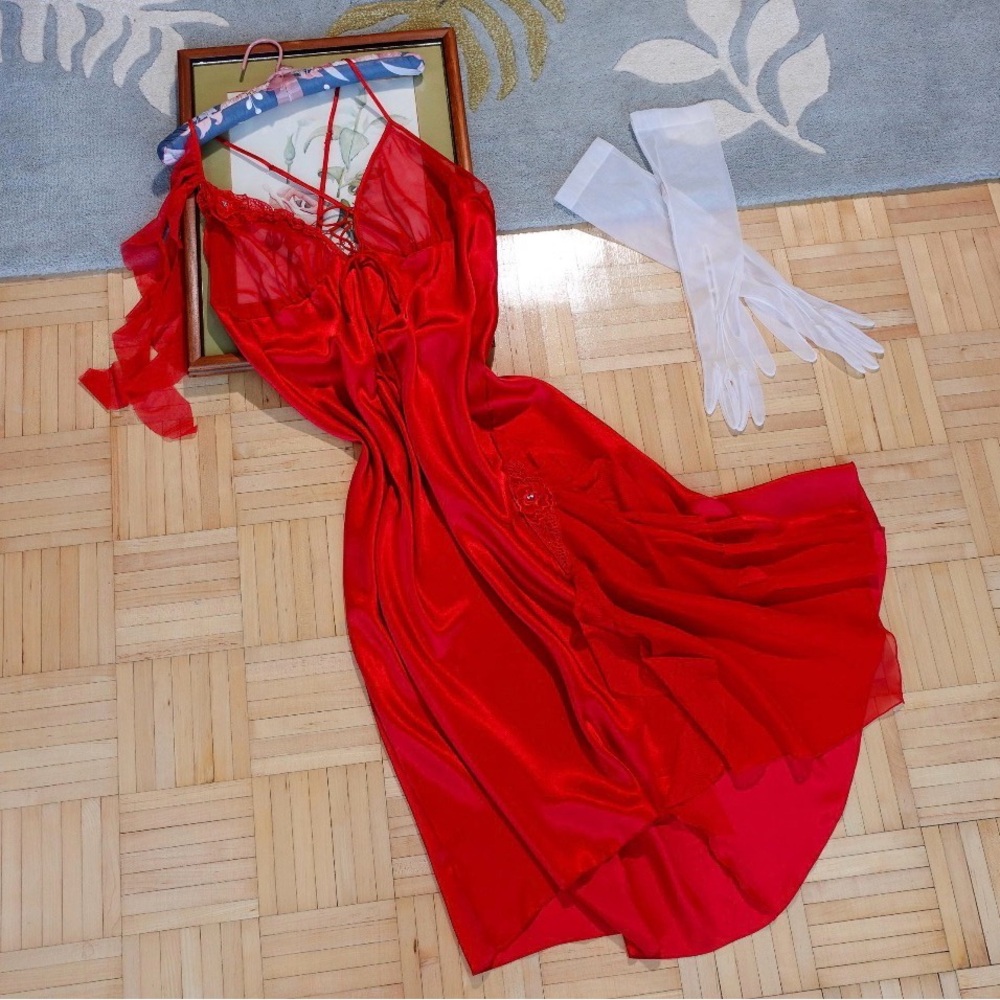 Vintage ruby red maxi length satin slip dress